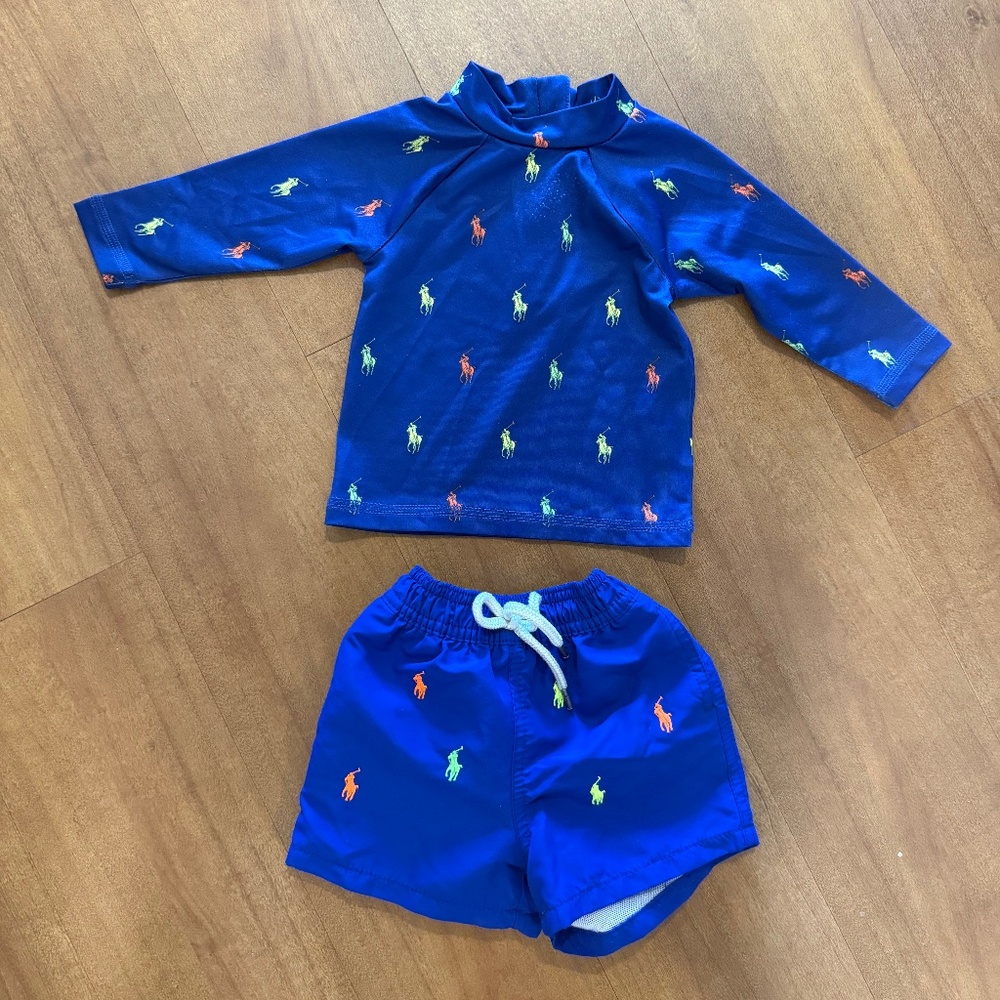 Polo Ralph Lauren Baby Boy's Pony Embroidered Swim Trunks and Rash Guard